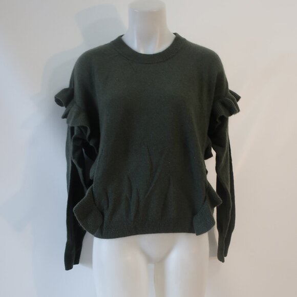 NWT Womens Crush Ribbed Durban Pure Cashmere Ruffle Khaki Green Sweater 1 US/S - Picture 4 of 13